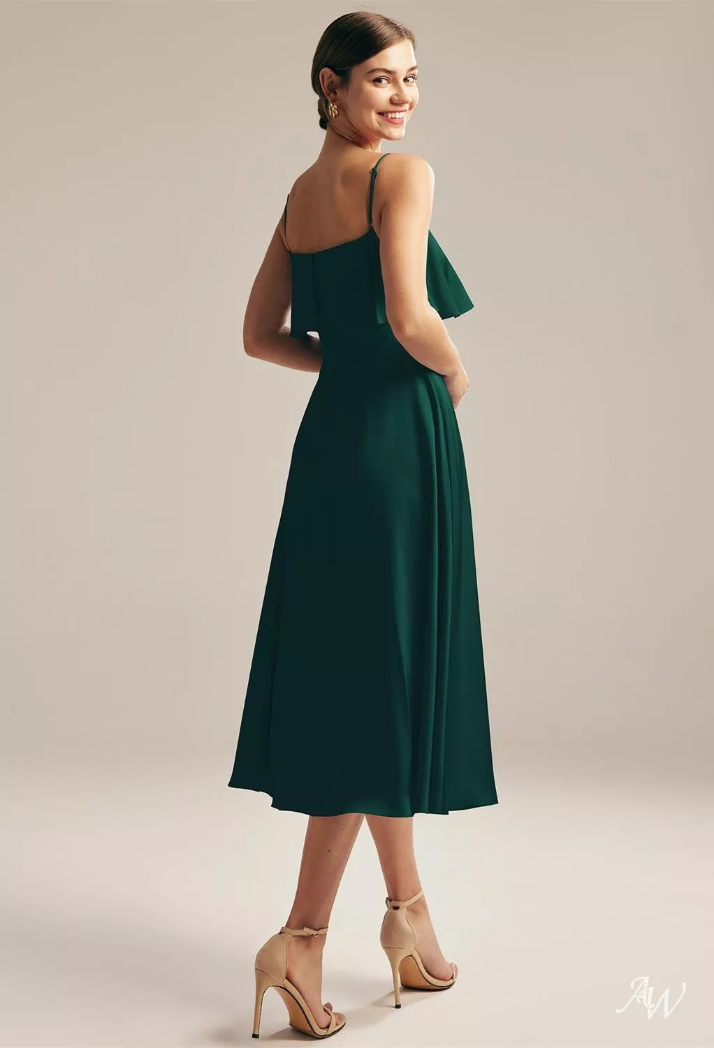 AW Morza Dress, Taupe Satin Charmeuse Tea Length Square Neckline
